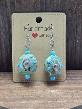 NWT Glass Bead Earrings Pierced Silver Tone Green Blue Dangle Drop Light Weight